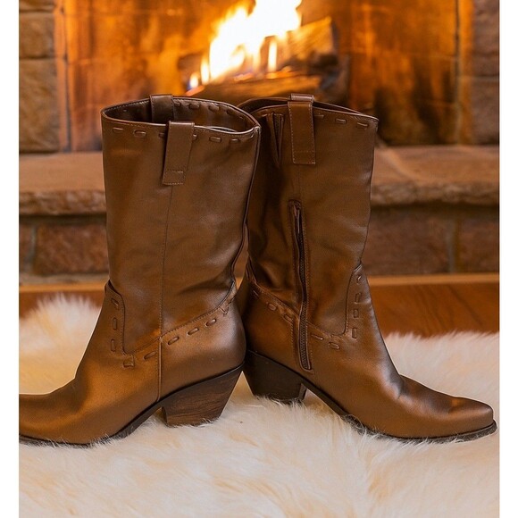 Coldwater Creek Cowboy Boots Bronze Metallic Womens Leather Mid Calf Sz. 8 M - Picture 1 of 12